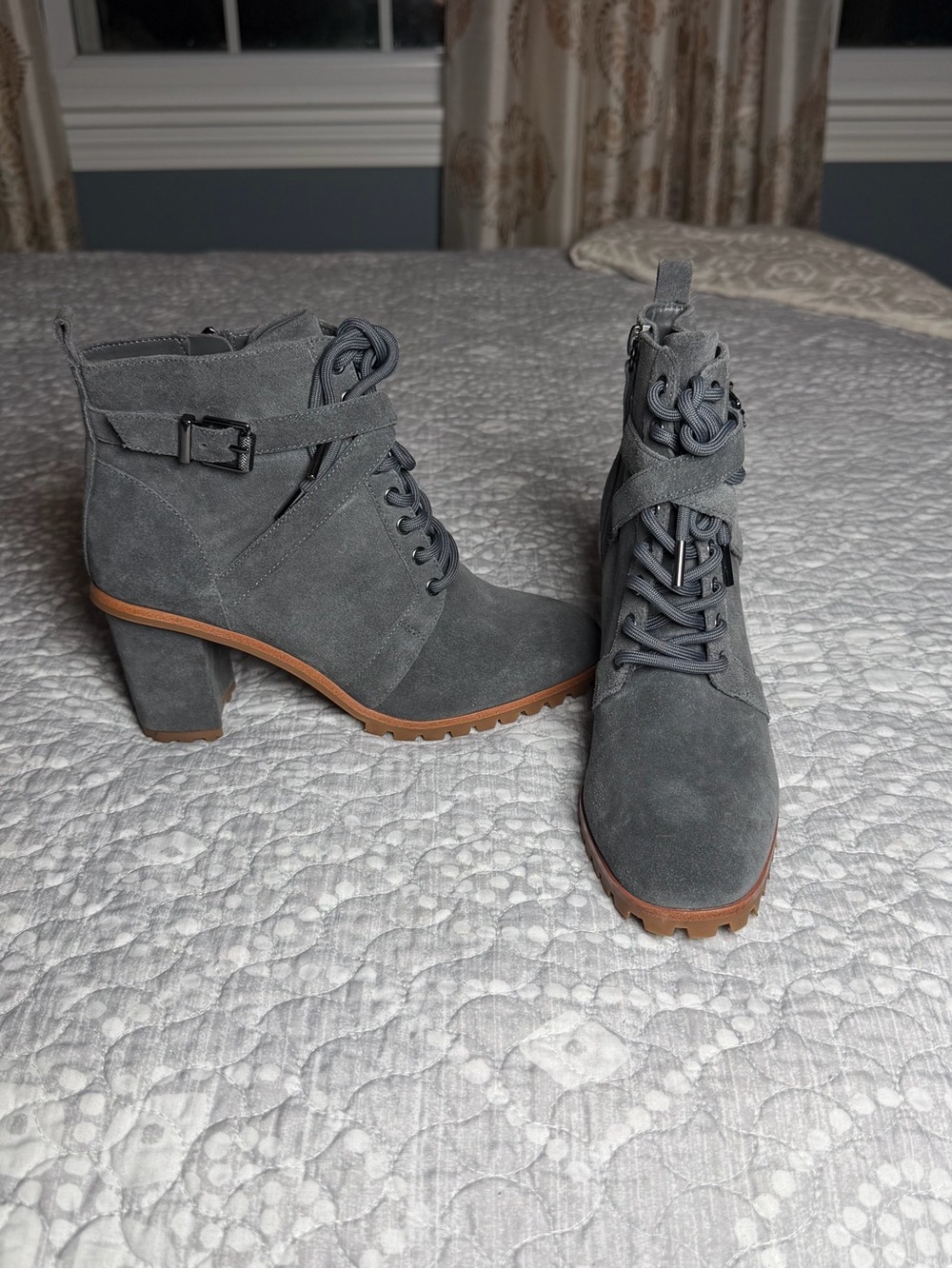 White House Black Market Gray Suede Lace-Up Ankle Boots with Buckle Strap. 7.
